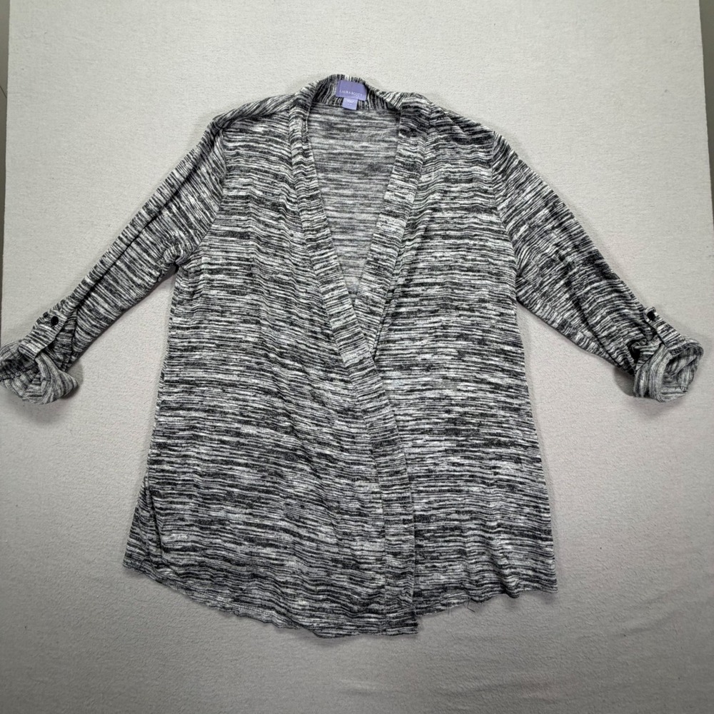 Laura Scott Womens Cardigan Regular‎ Black White Space Dye Roll Tab Large